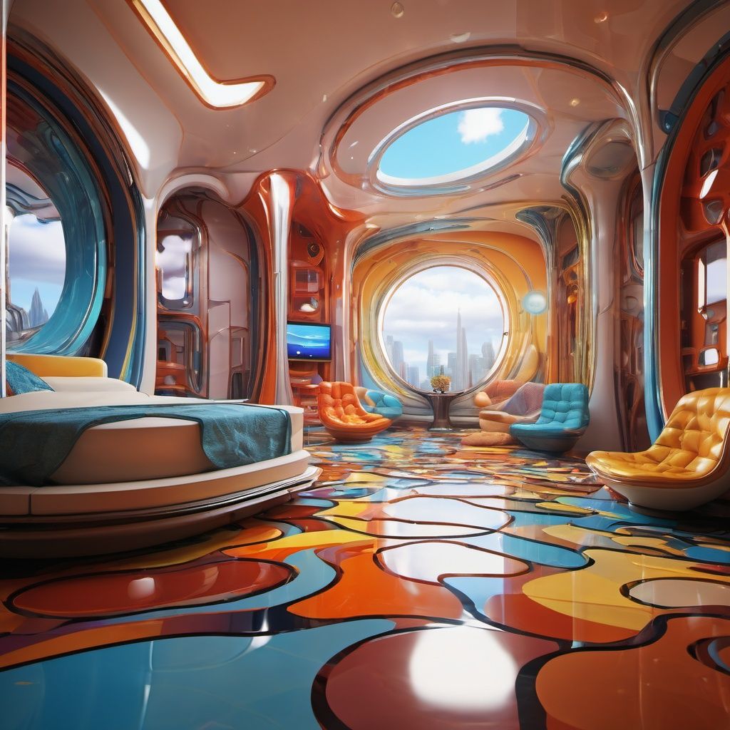 best quality,  HDR, sharp detailed, surespace, a colorful room with futuristic stuff,
