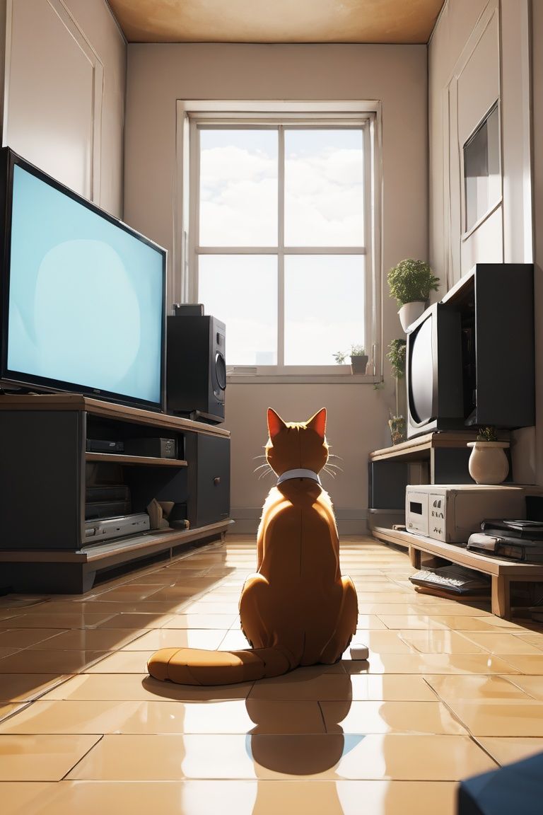 anime, surespace, a fashion cat watching a tv in a huge room with only tv inside,