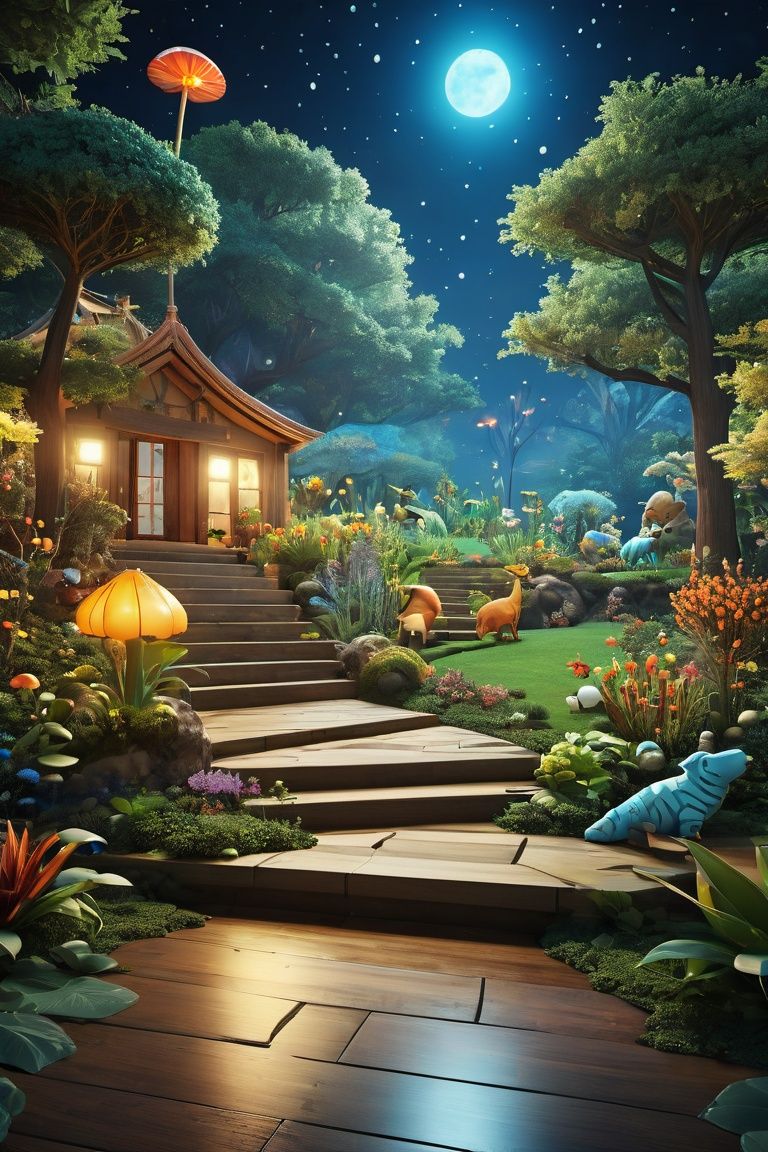 surespace, a beautiful garden with glowing animals and plants,