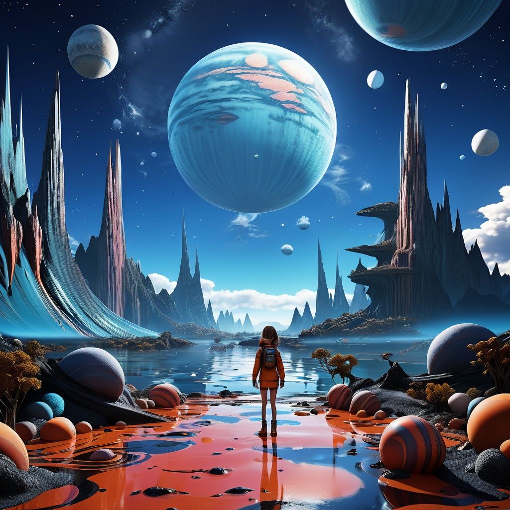 surespace, a girl step into a fantasy planet, a dangerous monster is staring at her, 