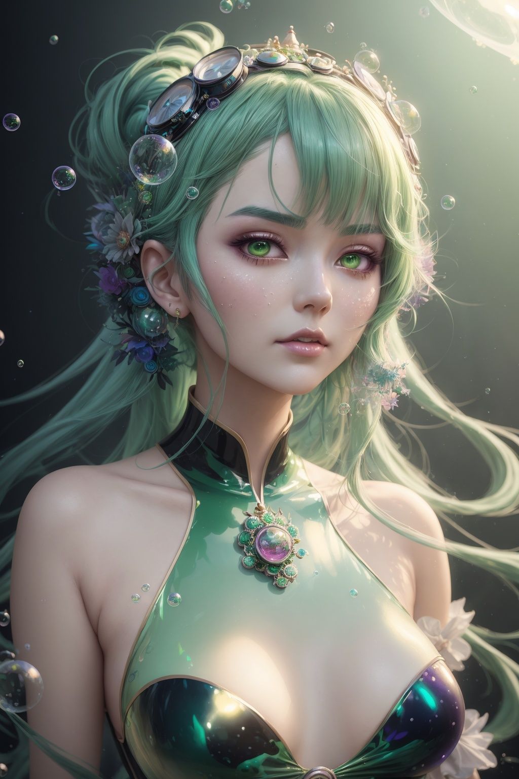 a woman with green hair is surrounded by bubbles,  inspired by Yanjun Cheng,  fantasy art by Keith on Tensor.Art