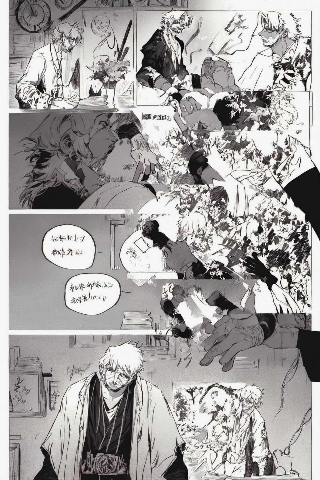comic, monochrome, 1boy, male focus, facial hair, fingerless gloves, multiple boys <lora:wuxie1:1>