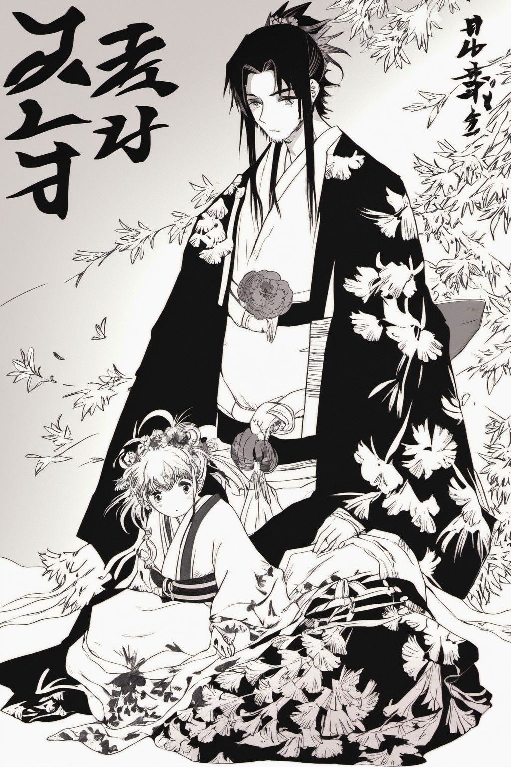 japanese clothes, 1boy, comic, kimono, 1girl, bandages, monochrome, flower, haori, sitting, hair ornament, sash, short hair, long hair, floral print, obi <lora:wuxie1:1>