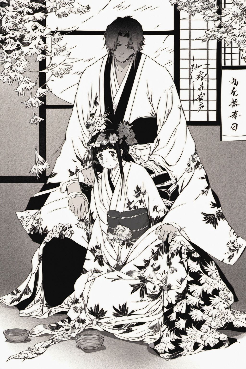 japanese clothes, 1boy, comic, kimono, 1girl, bandages, monochrome, flower, haori, sitting, hair ornament, sash, short hair, long hair, floral print, obi <lora:wuxie1:1>