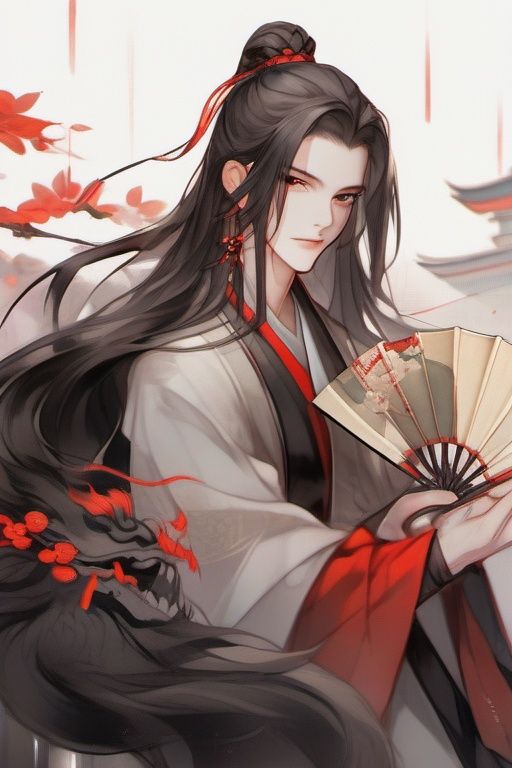 1boy, solo, long hair, male focus, black hair, hand fan, hanfu, looking at viewer, red nails, ponytail, sitting, long sleeves, chinese clothes, holding, jewelry, red eyes, holding fan, white background