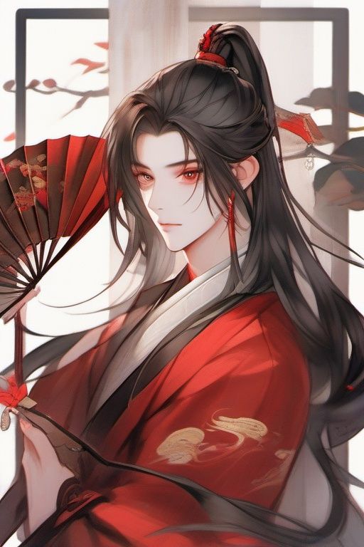 1boy, solo, long hair, male focus, black hair, hand fan, hanfu, looking at viewer, red nails, ponytail, sitting, long sleeves, chinese clothes, holding, jewelry, red eyes, holding fan, white background