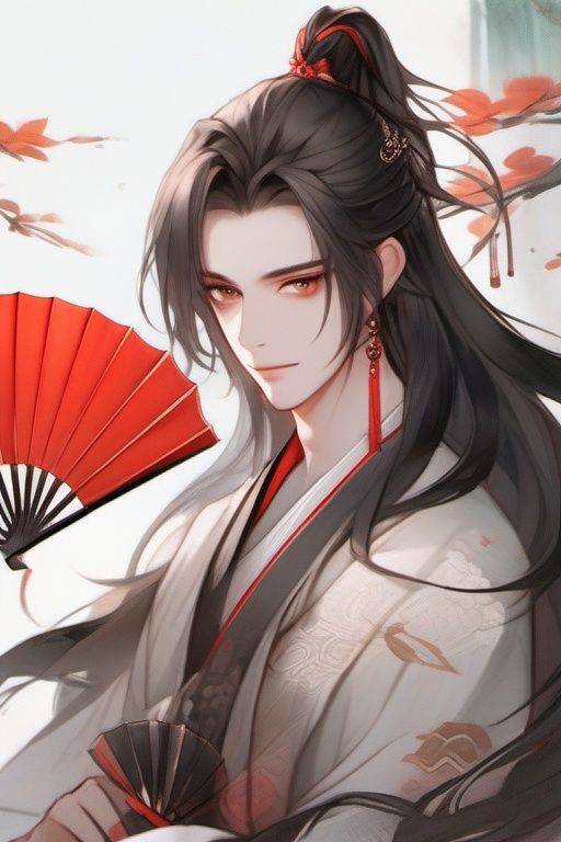 1boy, solo, long hair, male focus, black hair, hand fan, hanfu, looking at viewer, red nails, ponytail, sitting, long sleeves, chinese clothes, holding, jewelry, red eyes, holding fan, white background