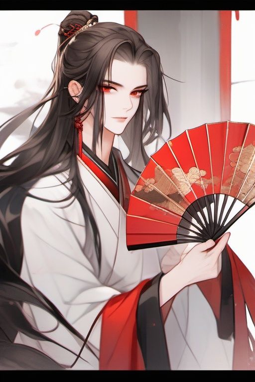 1boy, solo, long hair, male focus, black hair, hand fan, hanfu, looking at viewer, red nails, ponytail, sitting, long sleeves, chinese clothes, holding, jewelry, red eyes, holding fan, white background