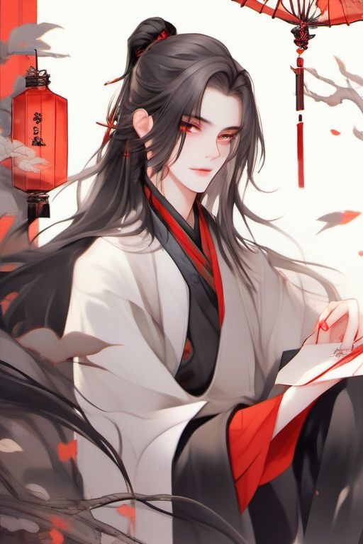 1boy, solo, long hair, male focus, black hair, hand fan, hanfu, looking at viewer, red nails, ponytail, sitting, long sleeves, chinese clothes, holding, jewelry, red eyes, holding fan, white background
