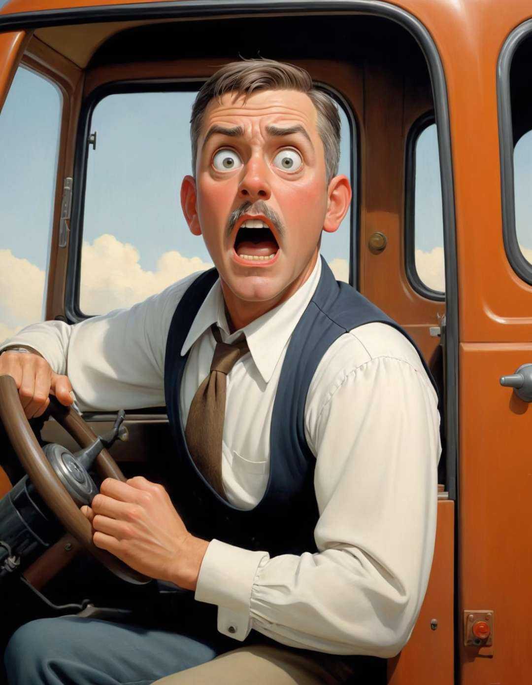 a look of terror scared horrified ,  professional portrait style,  a middle aged male Truck Driver hard at work on Tensor.Art