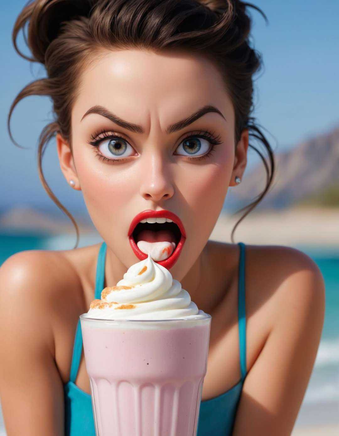 a look of terror scared horrified ,  photography style,  a delicious food photograph of milkshakes served for dessert! on...