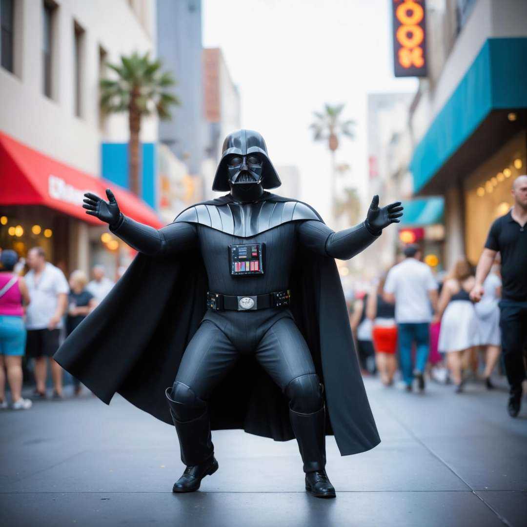 wide angle candid photo instagram post,  fat cosplay Darth Vader dancing on Hollywood Blvd,  Photo512 on Tensor.Art