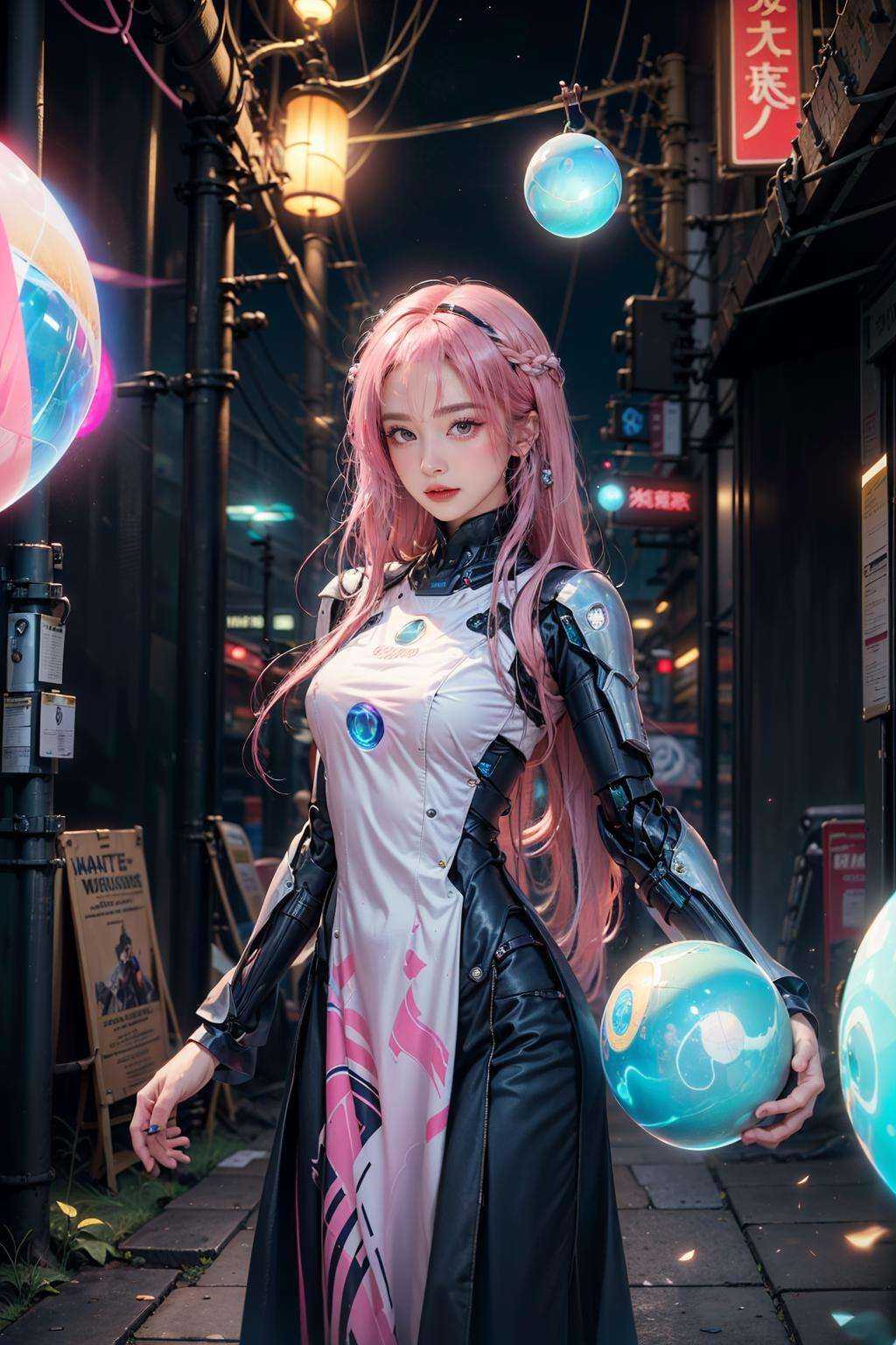 official art, unity 8k wallpaper, (ultra detailed), beautiful and aesthetic, beautiful, masterpiece, best quality, (1girl:1.3), (long hair, pink hair:1.4), mature female, cyberpunk, mecha, sexy, iridescent eyes, starry sky, standing, futubot, futureaodai, (street:1.3), neon light, (blue orb core:1.4)(white clothes:1.3)(wind blowing:1.3)<lora:futureaodai-000010:0.75:MIDD>
