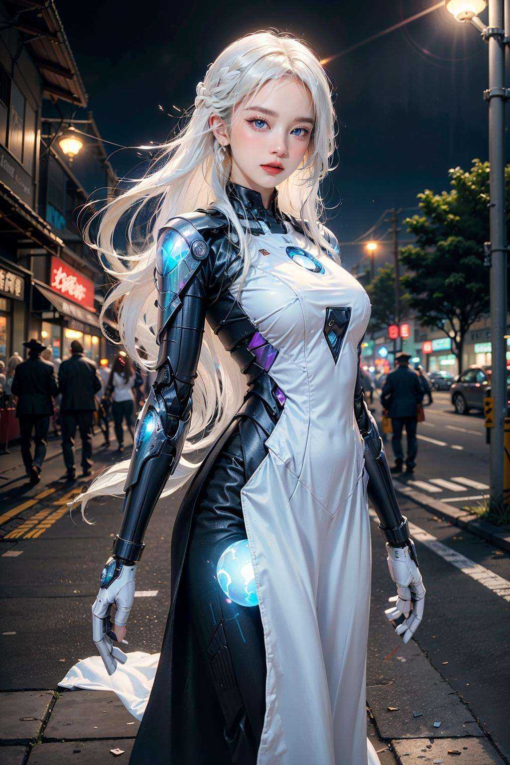 official art, unity 8k wallpaper, (ultra detailed), beautiful and aesthetic, beautiful, masterpiece, best quality, (cowboy shot:1.4)(1girl:1.3), (long hair, white hair:1.4), mature female, cyberpunk, mecha, sexy, iridescent eyes, starry sky, standing, futubot, futureaodai, (street:1.3), neon light, (blue orb core:1.2)(white clothes:1.3), (wind blowing:1.3), <lora:futureaodai-000010:0.75:MIDD>