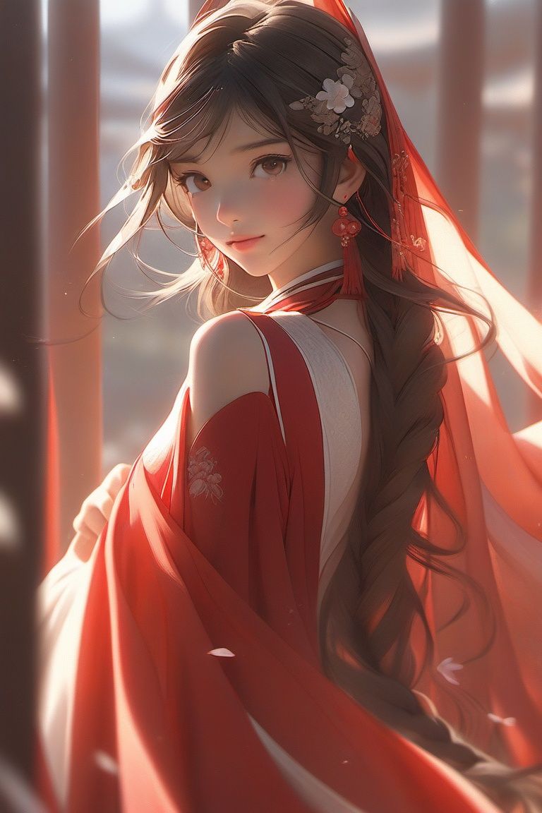 long_hair, 1girl, hair_ornament, blurry, braid, chinese_clothes, looking_at_viewer, solo, flower, hair_flower, depth_of_field, brown_eyes, tassel