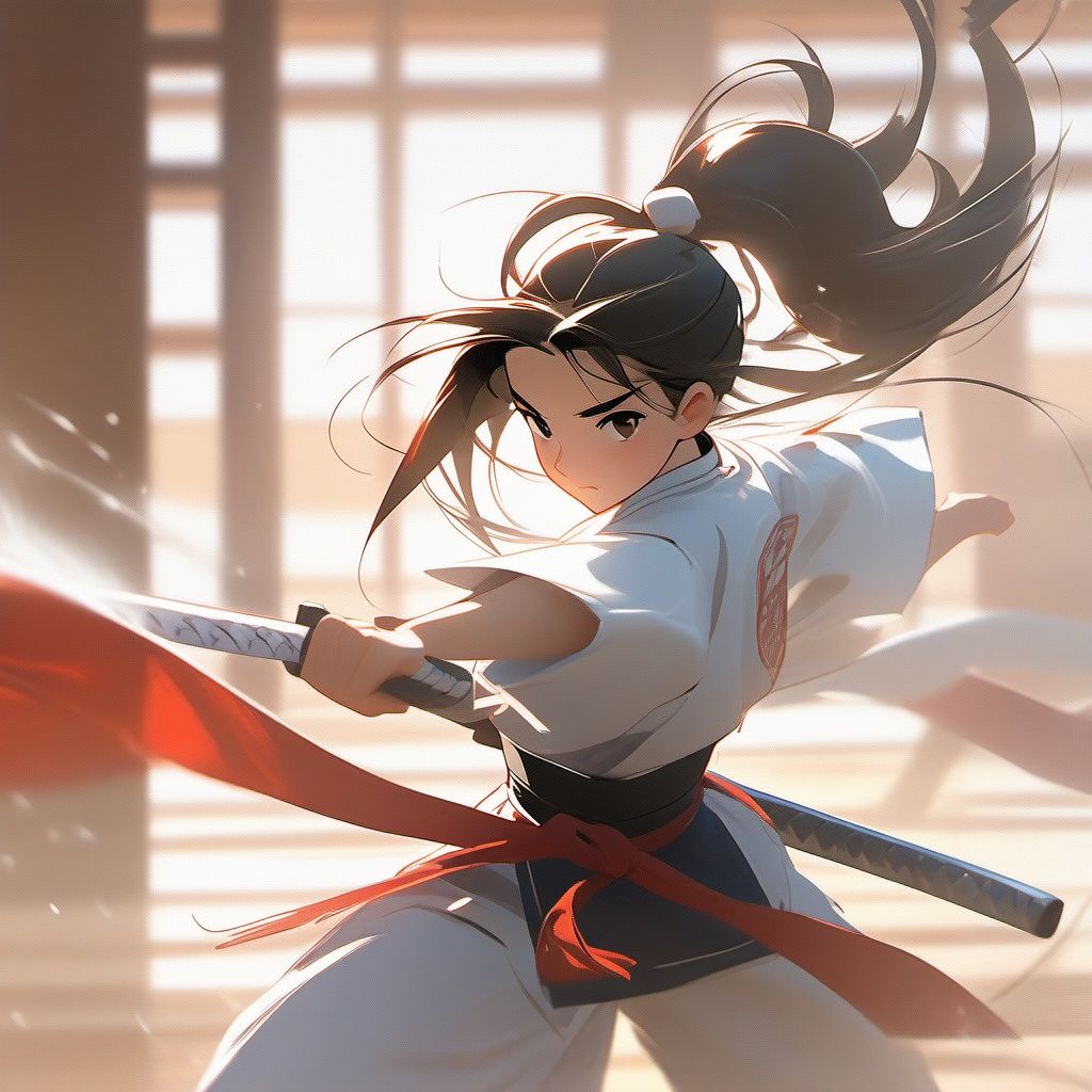1 girl, teenager, sword, practicing, focused expression, long hair, black hair, tied in a ponytail, athletic build, determined, sword swinging motion, traditional clothing, dojo, wooden training sword, martial arts, concentration, intense training, sweat, dojo floor, sunlight streaming in, martial arts master, wooden panels, dojo mats, disciplined, precision, dedication, graceful movements, martial arts uniform, training session.