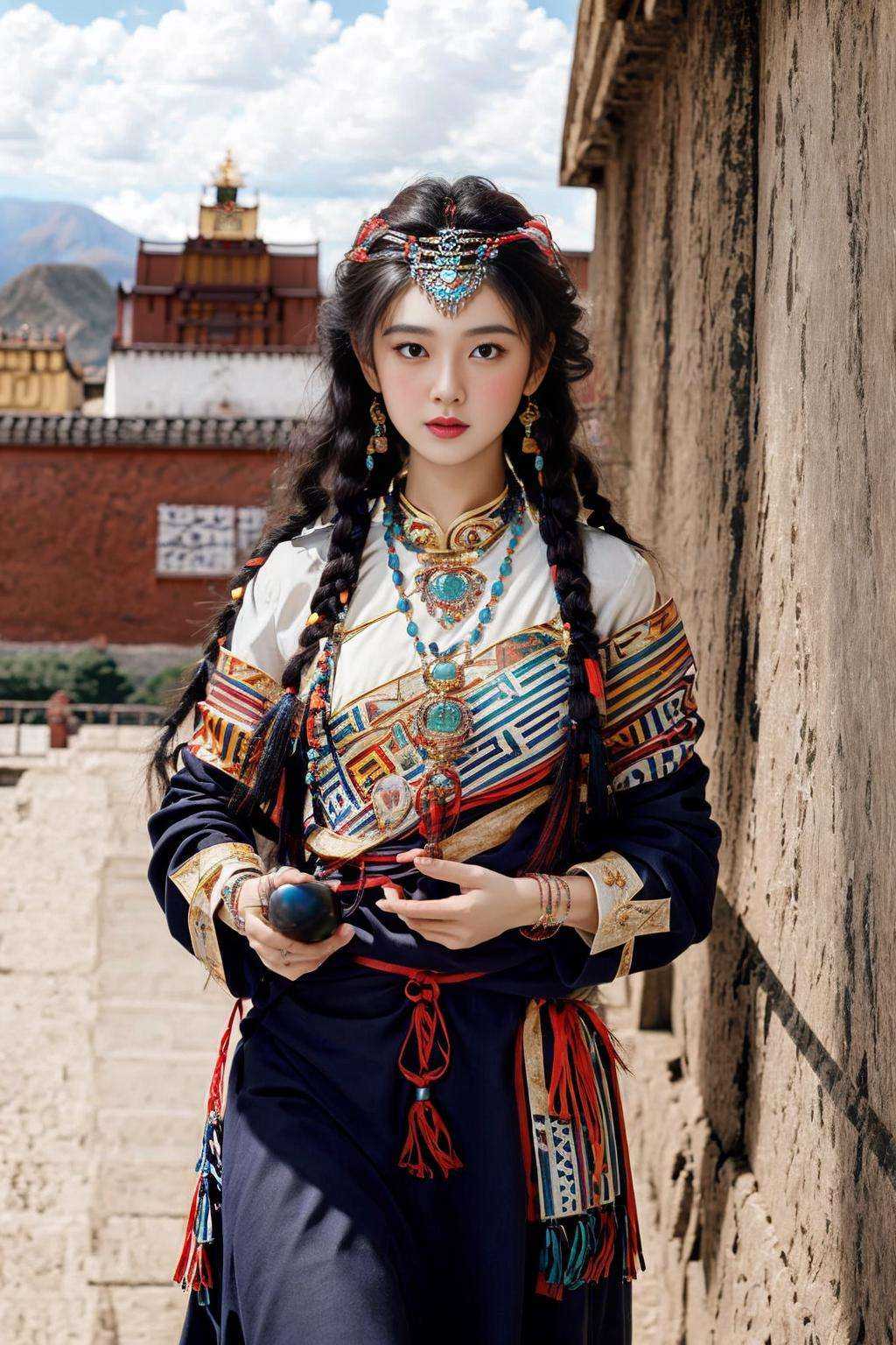 masterpiece, best quality, 8k, film gain, pale skin, texture skin, side lighting, cowboy shot, Hair tie, (1girl:1.3), long hair, clavicle, (jewelry:1.3), bracelet, particles, butterfly, outdoors, chinese ancient architecture, tree, leather, nice hands,  looking at viewer, <lora:*****:0.8>, *****, 