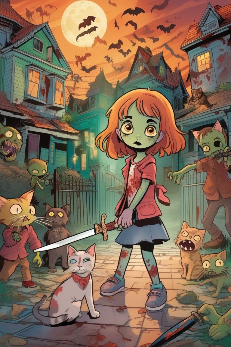 A little girl and a cat, fight with zombie, holding sword, zombie, look at viewer, only to discover that their new home is haunted by the ghosts of its former inhabitants, masterpiece, best quality,