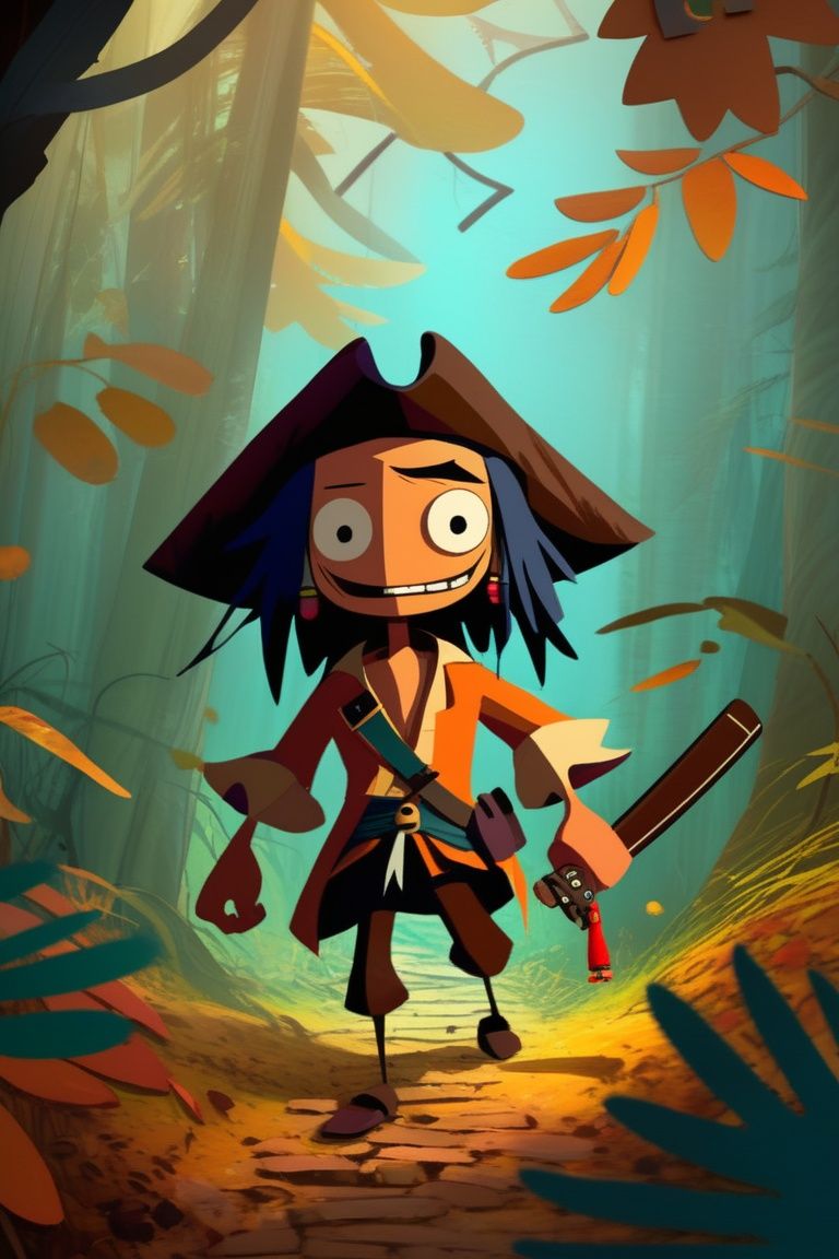 (creepy), (horror style:1.4), anime, masterpiece, best quality,  (style of Goro Fujita:1.3) 
(masterpiece,best quality:1.5),
Codpiece, jungle,autumn, Jack Sparrow