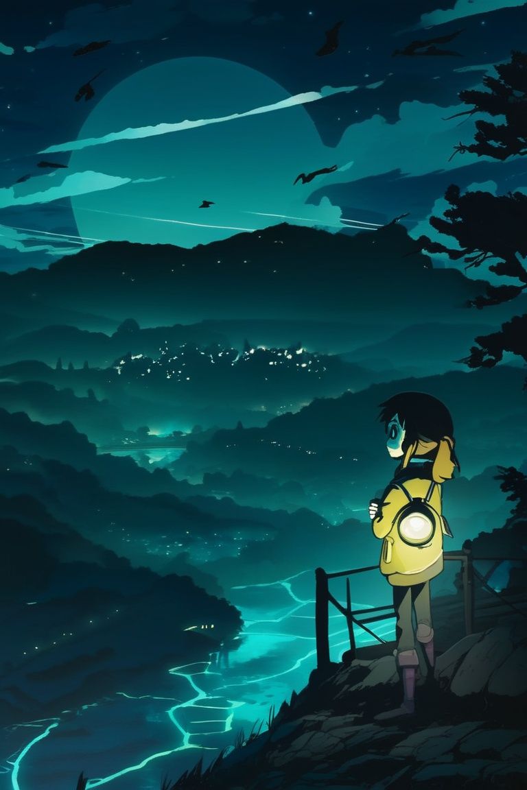 1 girl, look at viewer, (anime:1.2), nature, landscape, night light, horror style
