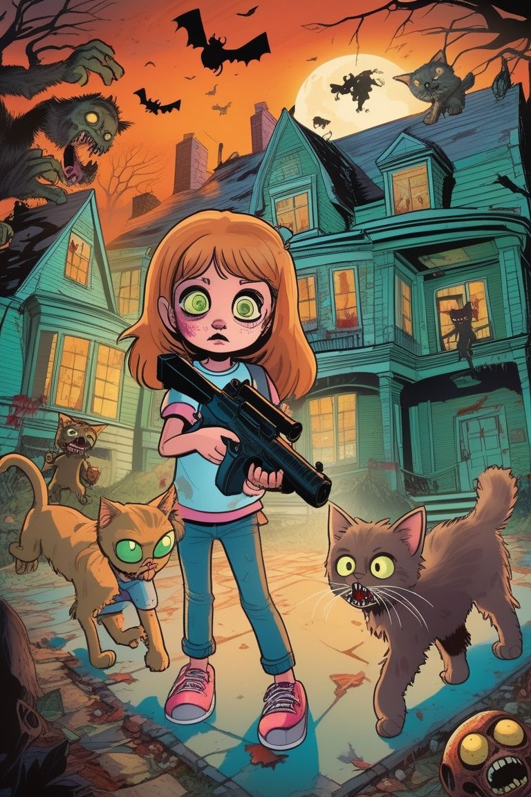 A little girl and a cat, fight with zombie, holding gun, zombie, look at viewer, only to discover that their new home is haunted by the ghosts of its former inhabitants, masterpiece, best quality,
