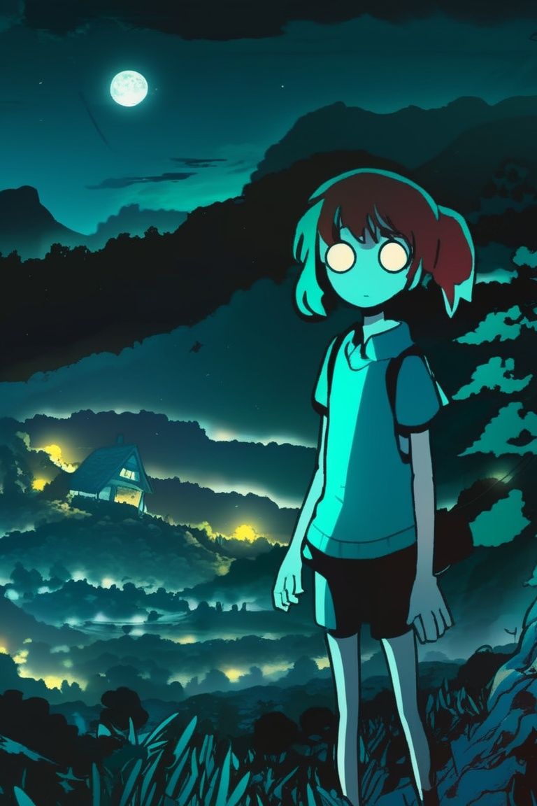 1 girl, look at viewer, (anime:1.2), nature, landscape, night light, horror style
