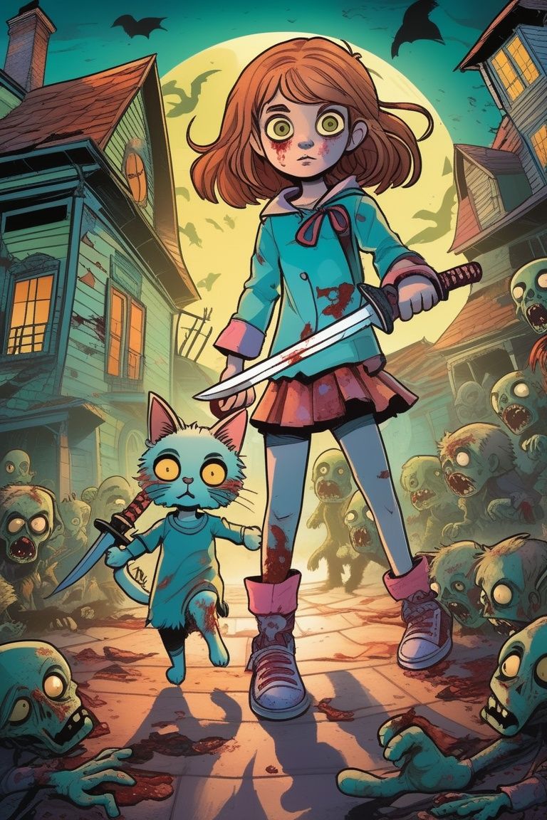 A little girl and a cat, fight with zombie, holding sword, zombie, look at viewer, only to discover that their new home is haunted by the ghosts of its former inhabitants, masterpiece, best quality,