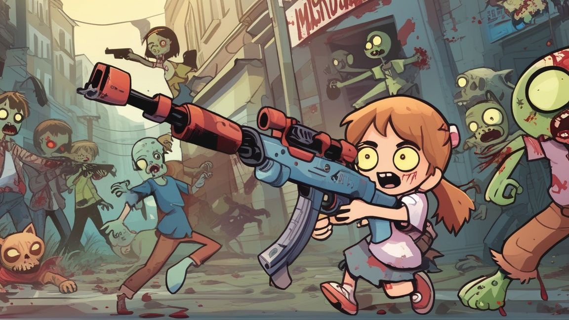 1 cute girl holding gun run, fight with zombie, cat, Wide Shot, masterpiece, best quality, high detailed, (masterpiece,best quality:1.5)
