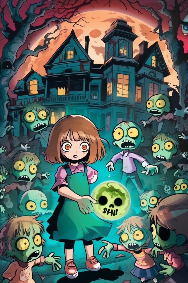 A little girl, holding word fight with zombie, look at viewer, only to discover that their new home is haunted by the ghosts of its former inhabitants, masterpiece, best quality, creepy, anime