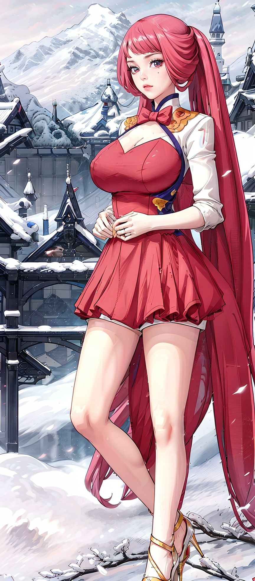 8k,best quality, masterpiece, original,highres,(full body:1.1),(huge breasts),looking at viewer,high heels,high heels,Stand up,Japanese architecture, sun, tatami,(nipples), shirt_lift,yuechan_wedding_lothes,Stockings,(gigantic breasts),outdoors,long hair,Chinese dress, looking at viewer, mature female, ,1girl,pink hair,long Hair