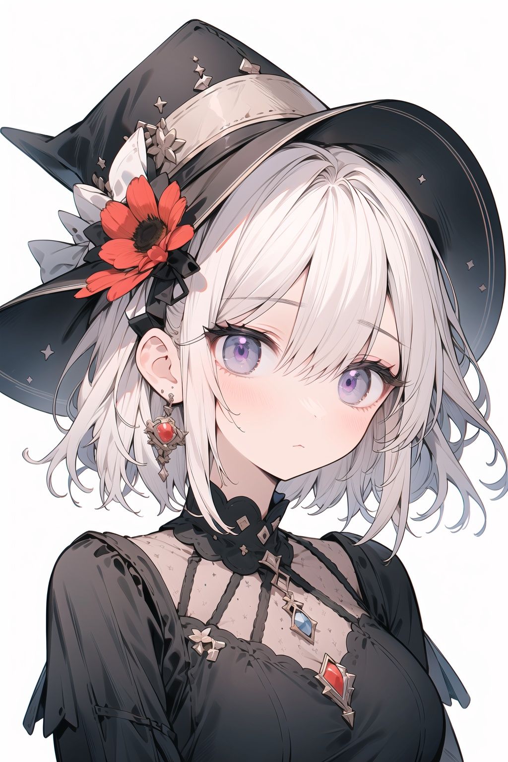 (:<:1.6),(Distinct pupils)(Clear eyes) , wizard hat , 1girl , portrait , solo , c , earrings , looking at viewer , flower , short hair , bangs , closed mouth , simple background , black headwear , white background , red flower , upper body , white hair , hair intakes , frills , purple eyes , hair ornament , expressionless , hat flower , eyelashes , best quality ,  ,  ,