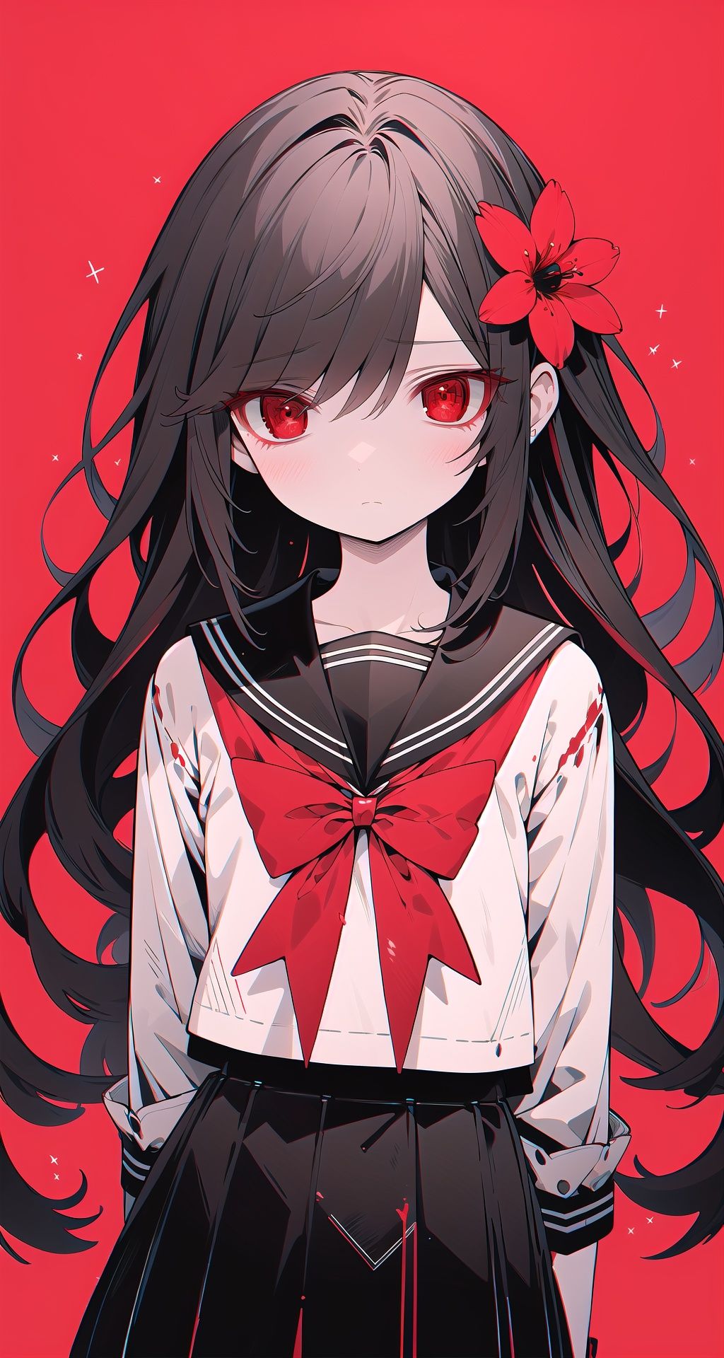(:<:1.4),Bow tie, Geometric background,(zentangle, mandala, tangle, entangle:0.6),(red black),flat color,limited palette,low contrast,(1girl),solo,serafuku,
long straight black hair,lycoris flower,(horror),(gloomy),(red pigment:1.33),(hollow eyes:1.),(expressionless eyes:1.3),cowboy shot,