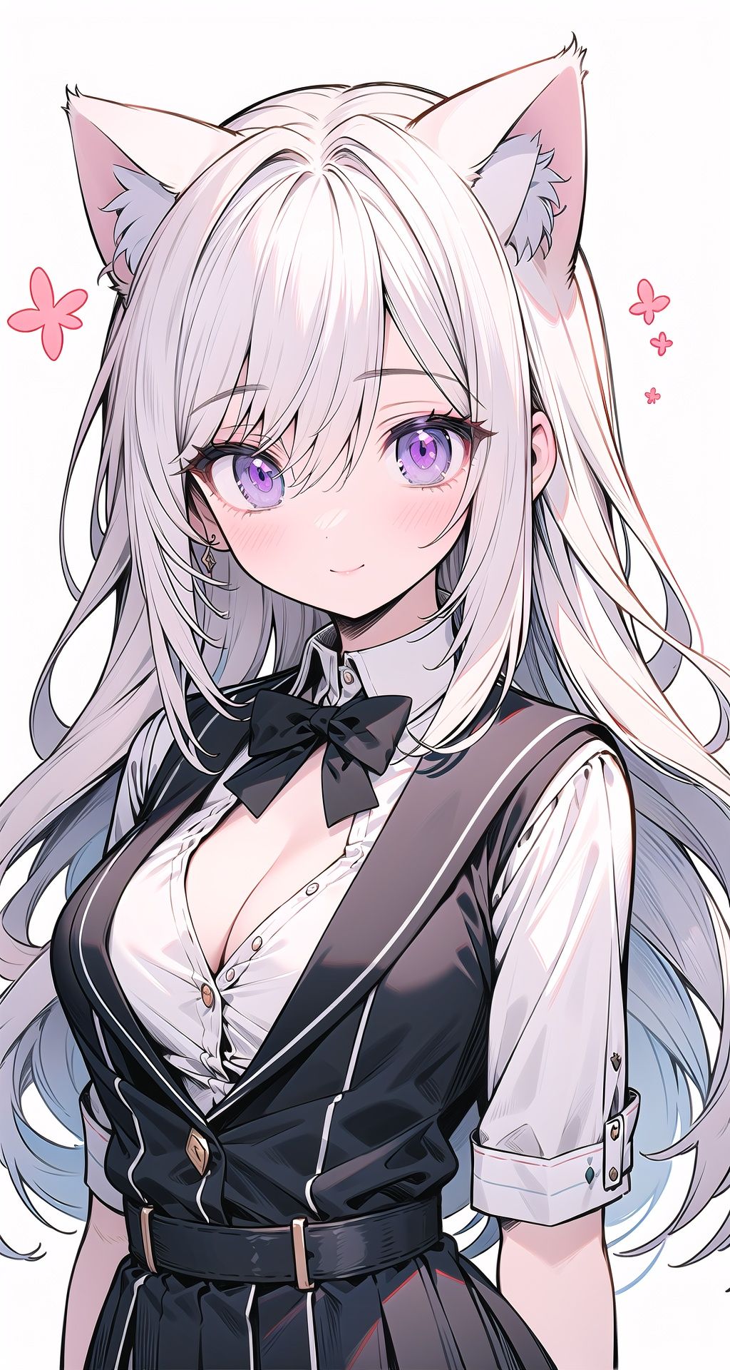 (Distinct pupils)(Clear eyes),cleavage,(cat ears),school uniform,1girl,solo,looking at viewer,flower,long hair,bangs,closed mouth,simple background,white background,upper body,white hair,hair intakes, purple eyes,expressionless,eyelashes,best quality,smile,(Glowing eyes), jewel-like eyes