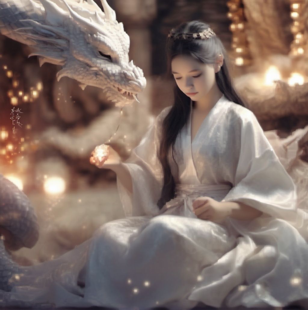 1girl, closed eyes, long hair, dragon, black hair, robe, sitting, eastern dragon, realistic, blurry, indoors, lips, brown hair, jewelry, hair ornament, solo, wide sleeves, ring, light particles, blurry background <lora:kun3:1>