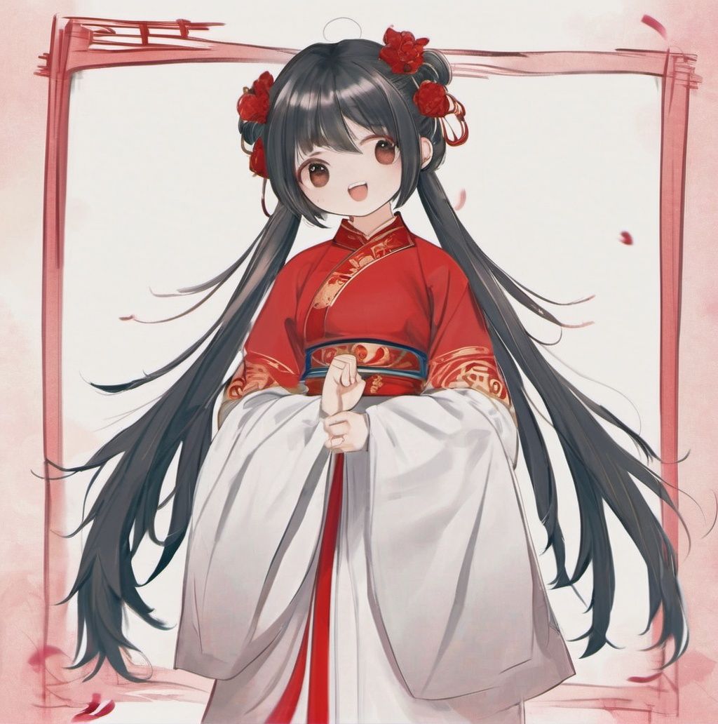 1girl, solo, long hair, white background, double bun, full body, very long hair, hair bun, open mouth, simple background, blonde hair, smile, chinese clothes, looking at viewer, red eyes, sleeves past wrists, standing, long sleeves, bangs, hair ornament, dress, wide sleeves, :d, shoes, jewelry <lora:yushu111:1>