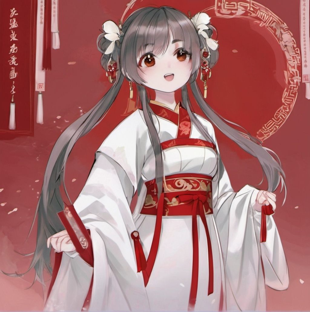 1girl, solo, long hair, white background, double bun, full body, very long hair, hair bun, open mouth, simple background, blonde hair, smile, chinese clothes, looking at viewer, red eyes, sleeves past wrists, standing, long sleeves, bangs, hair ornament, dress, wide sleeves, :d, shoes, jewelry <lora:yushu111:1>