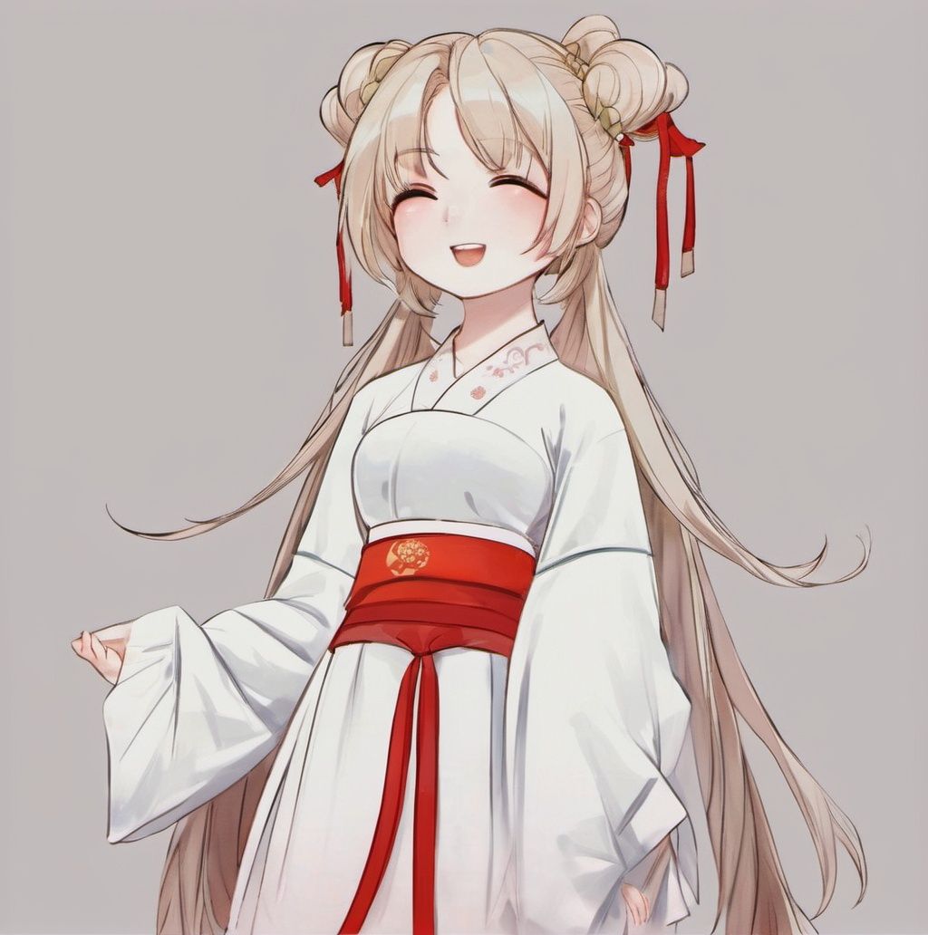 1girl, solo, long hair, white background, double bun, full body, very long hair, hair bun, open mouth, simple background, blonde hair, smile, chinese clothes, looking at viewer, red eyes, sleeves past wrists, standing, long sleeves, bangs, hair ornament, dress, wide sleeves, :d, shoes, jewelry <lora:yushu111:1>