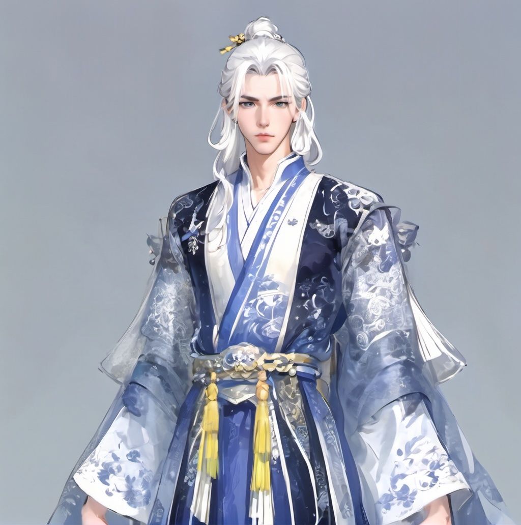 solo, 1boy, male focus, hair ornament, white hair, hair stick, long sleeves, chinese clothes, long hair, tassel, looking at viewer, hanfu, wide sleeves, blue eyes, jewelry, arms at sides, single hair bun, cowboy shot, closed mouth, robe, simple background, sash, hair bun, standing, grey background <lora:liangzai:1>