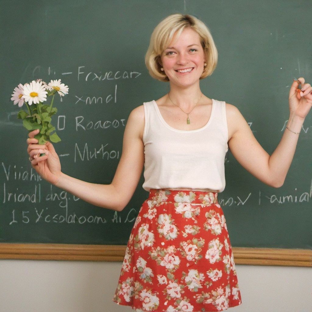 1980s kodak photo of a teacher, 35 years old, sweet and sexy and humble, with **** tops and flower patterned mini skirt,  classroom, children learning on the background, photography by nan goldin, by william eggleston, faded, film grain, cross processed image