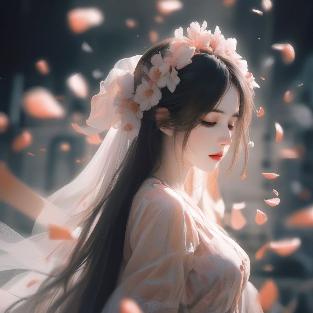 1girl, solo, hair ornament, flower, upper body, long hair, hair flower, blurry background, petals, brown hair, from side, blurry, falling petals, dress, veil, closed mouth, closed eyes, black hair  <lora:KJGF:1>