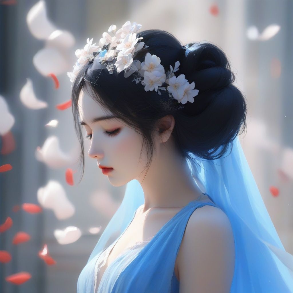 (8k, RAW photo, best quality, masterpiece:1.2), (realistic, photo-realistic:1.4), 1girl, solo, hair accessories, flowers, upper body, long hair, hair flowers, petals, when viewed from the side, falling petals, dress, veil, mouth closed, eyes closed, black hair,blue<lora:KJGF:1>
