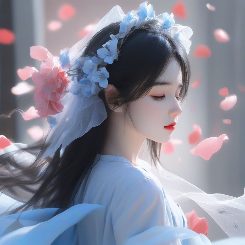 perfect_hand, (8k, RAW photo, best quality, masterpiece:1.2), (realistic, photo-realistic:1.4), 1girl, solo, hair accessories, flowers, upper body, long hair, hair flowers, petals, when viewed from the side, falling petals, dress, veil, mouth closed, eyes closed, black hair,blue<lora:KJGF:1>