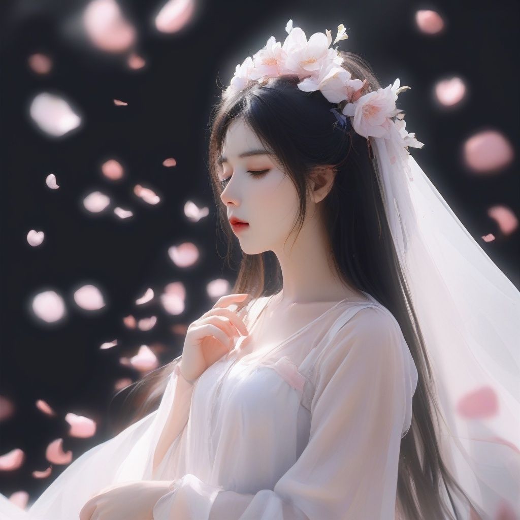 (8k, RAW photo, best quality, masterpiece:1.2), (realistic, photo-realistic:1.4), 1girl, solo, hair accessories, flowers, upper body, long hair, hair flowers, petals, falling petals, dress, veil, mouth closed, black hair,<lora:KJGF:1>