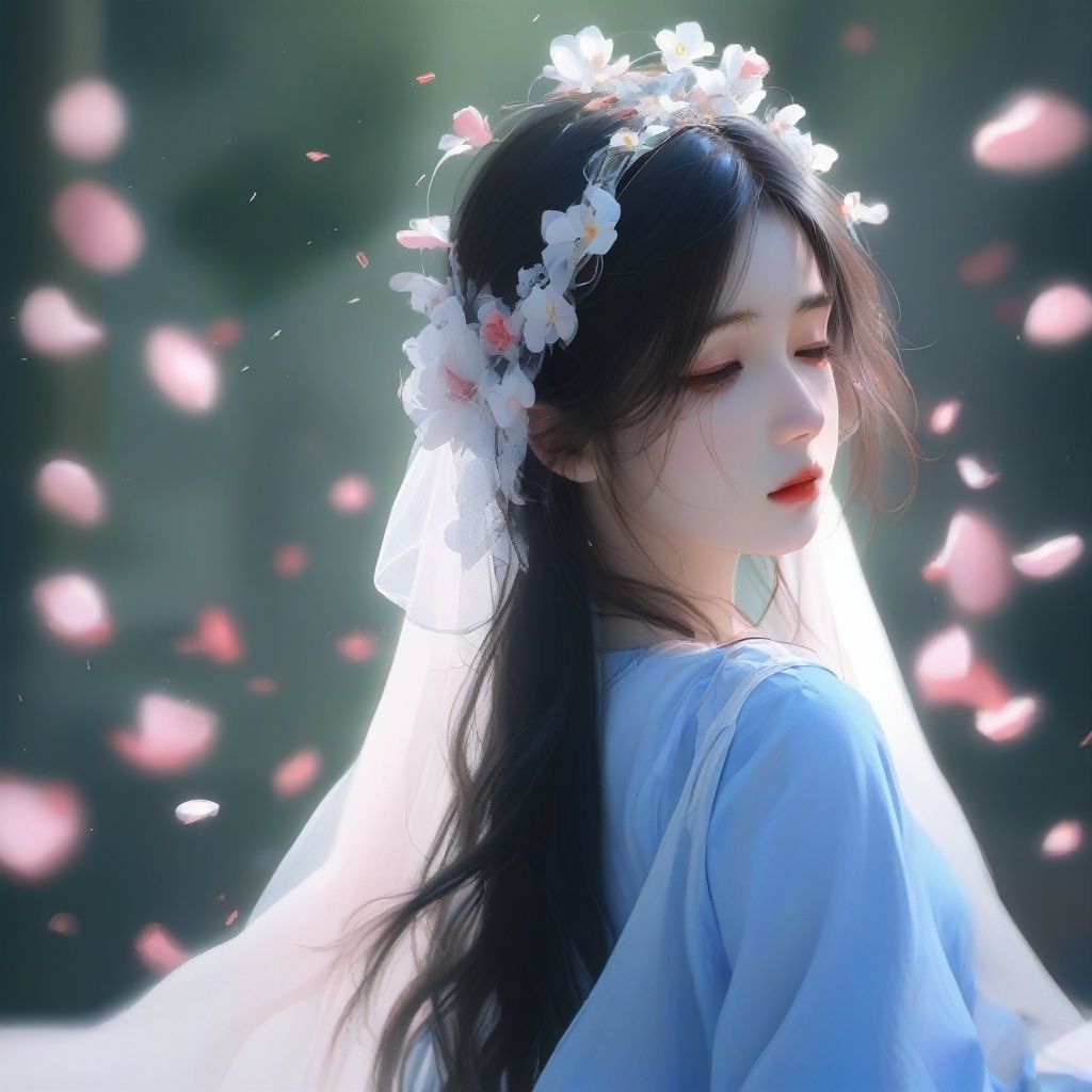 (8k, RAW photo, best quality, masterpiece:1.2), (realistic, photo-realistic:1.4), 1girl, solo, hair accessories, flowers, upper body, long hair, hair flowers, petals, when viewed from the side, falling petals, dress, veil, mouth closed, black hair,blue<lora:KJGF:1>