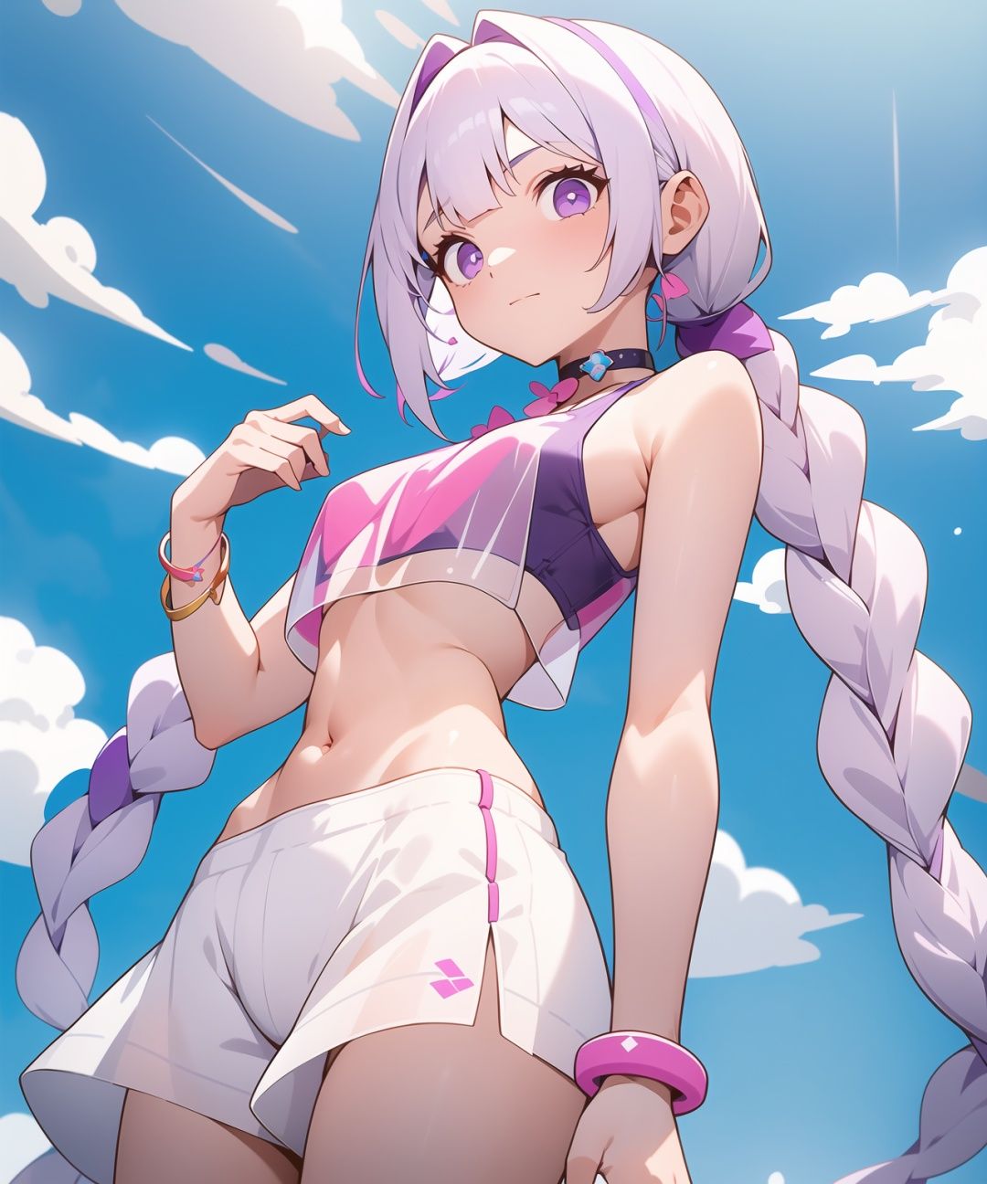 1girl,bracelet,white purple hair,long braided twintails ponytail,see-through bangs,crop_top underwear,