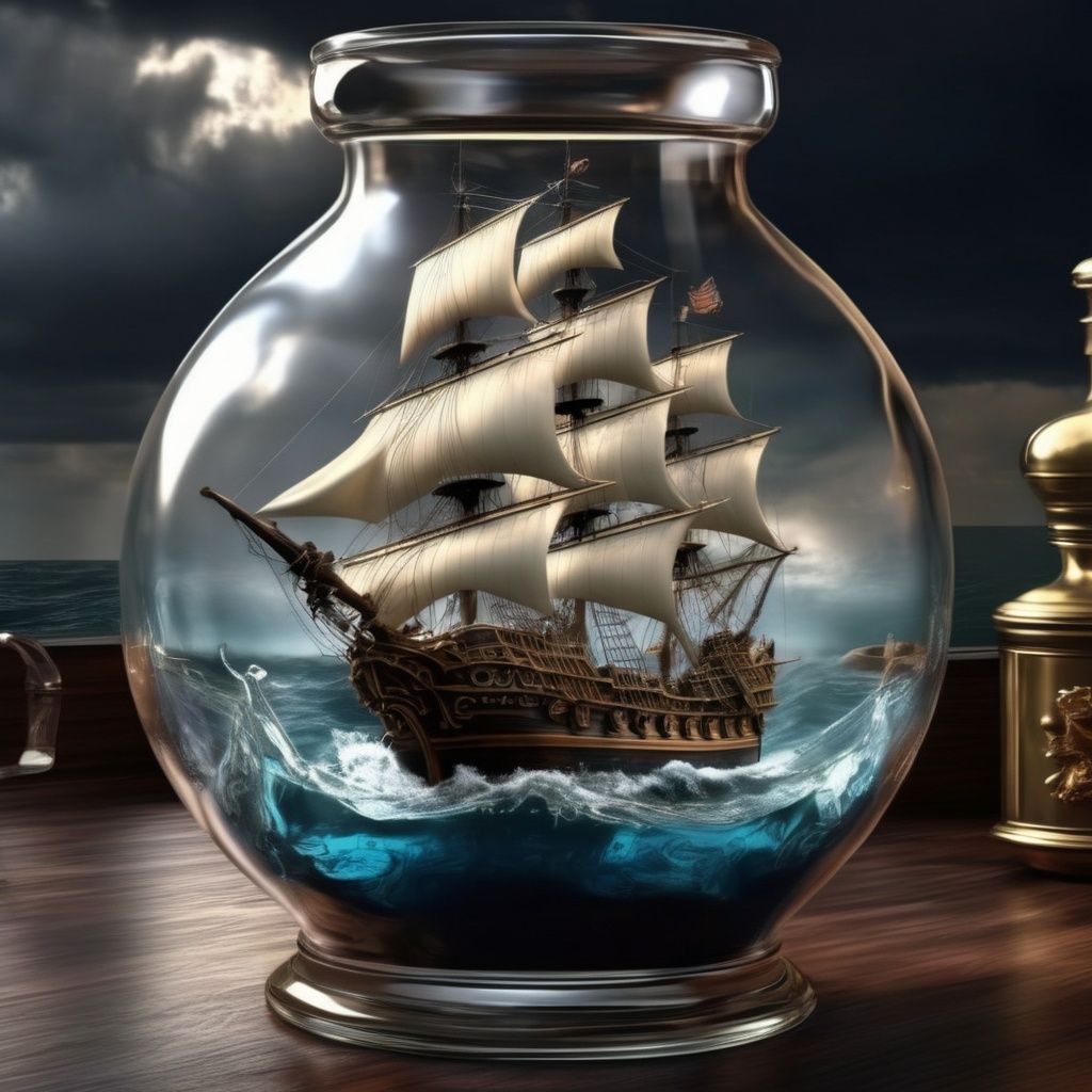 The galleon is inside a glass bottle filled with water, dark clouds, waterspouts,, photorealistic,  masterpiece,  surrealistic, details, 8k <lora:copax_galleon_xl:1>