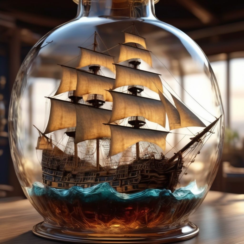 The galleon is inside a glass bottle filled with water, photorealistic,  masterpiece,  surrealistic, details, 8k <lora:copax_galleon_xl:1>