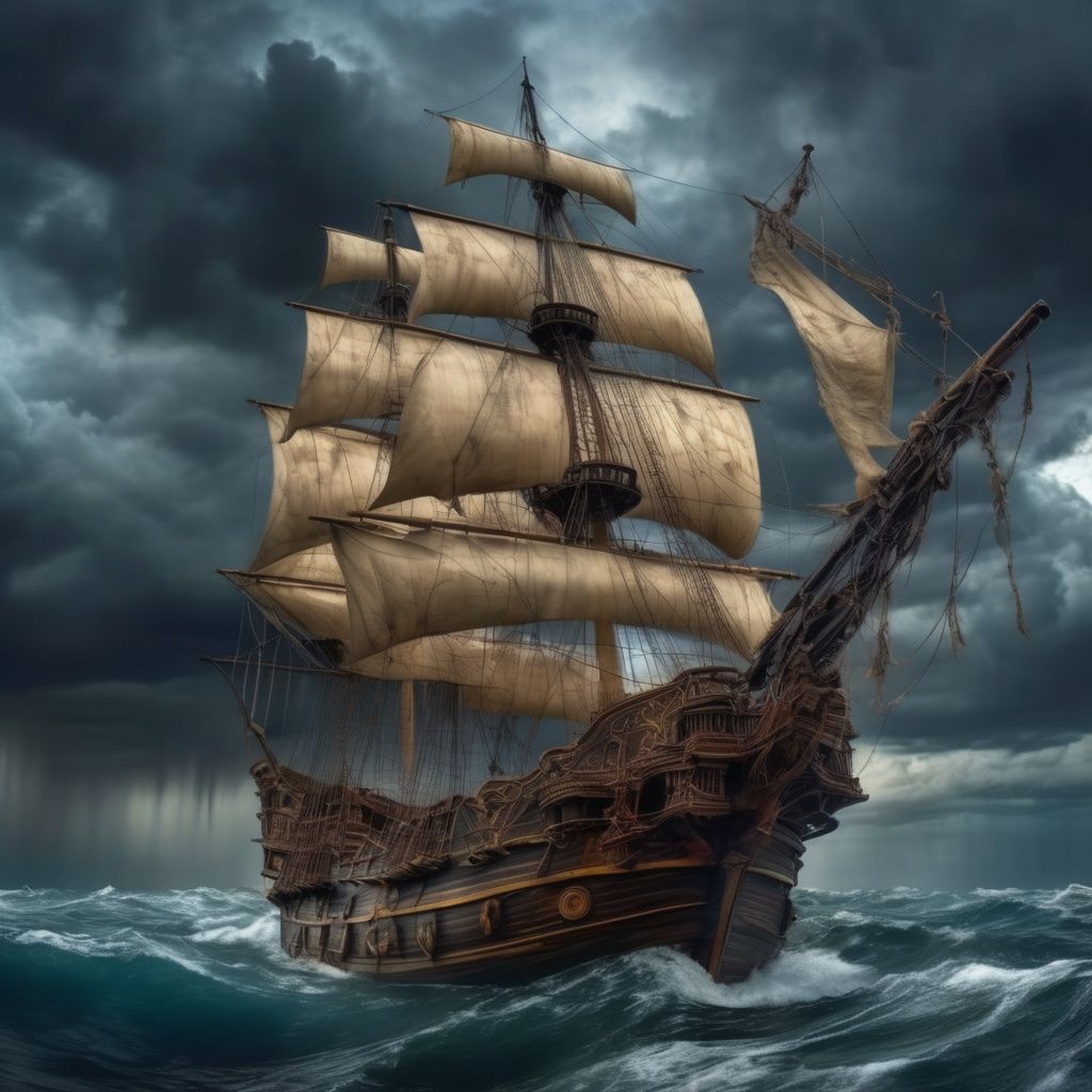 The battered galleon, filled with skeletons, sails on the sea amidst stormy weather, thunder, and lightning. Dark clouds, waterspouts,, photorealistic,  masterpiece,  surrealistic, details, 8k <lora:copax_galleon_xl:1>