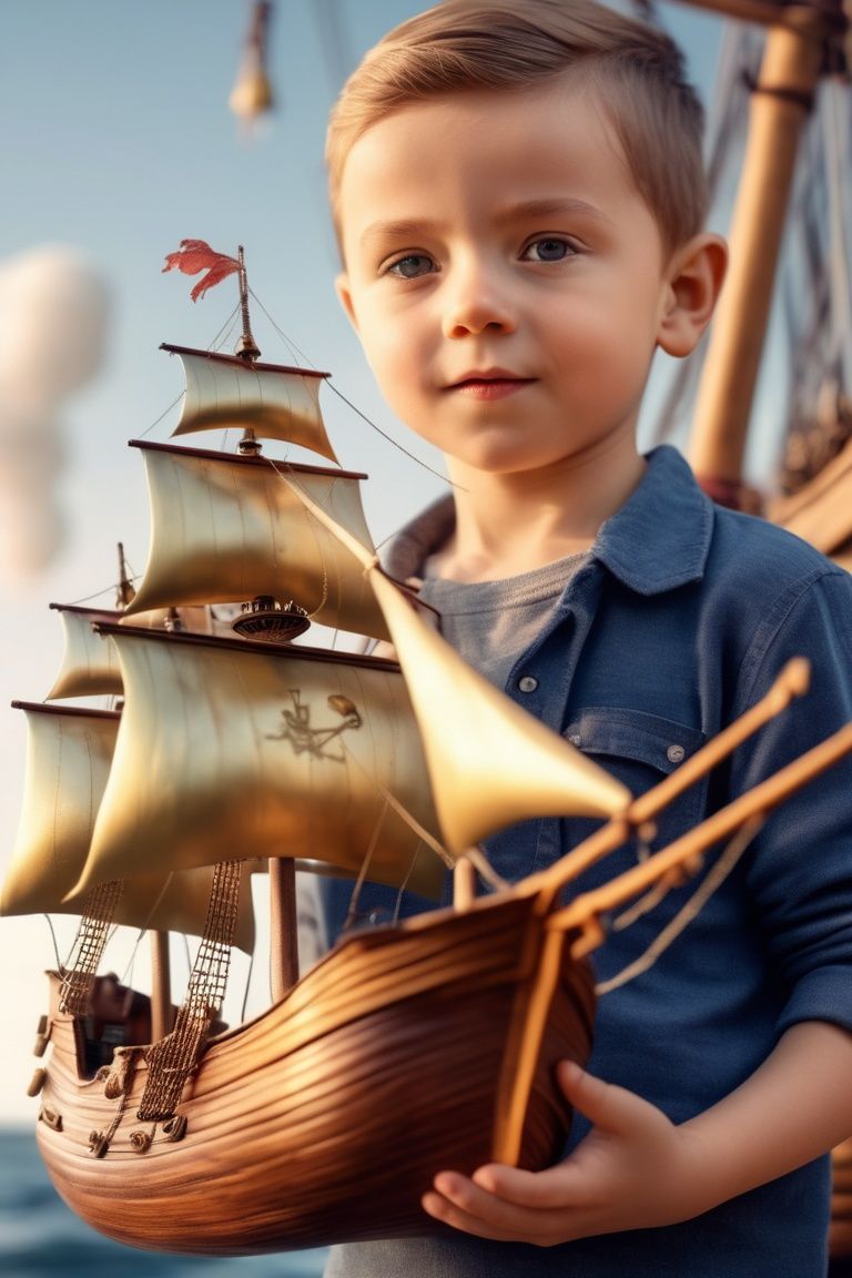 The male child holding a galleon mini in hand, photorealistic,  masterpiece,  surrealistic, details, 8k <lora:copax_galleon_xl:1>