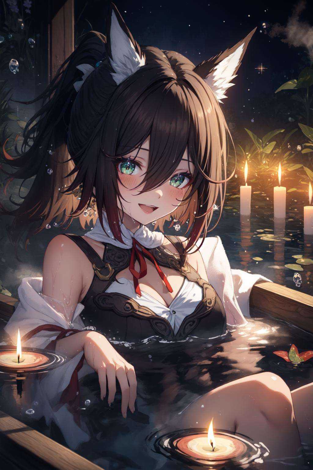 (beautiful and serene) (illustration) of a (young girl) [((relaxing in the bathtub))] [(wet hair)] [(towel draped on shoul...